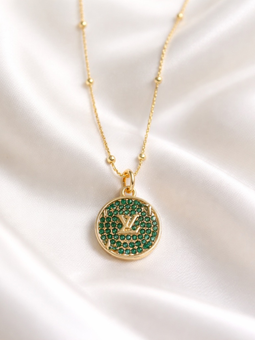 Upcycled LV pull button Gold Pendant Necklace with Green Crystal Pavé